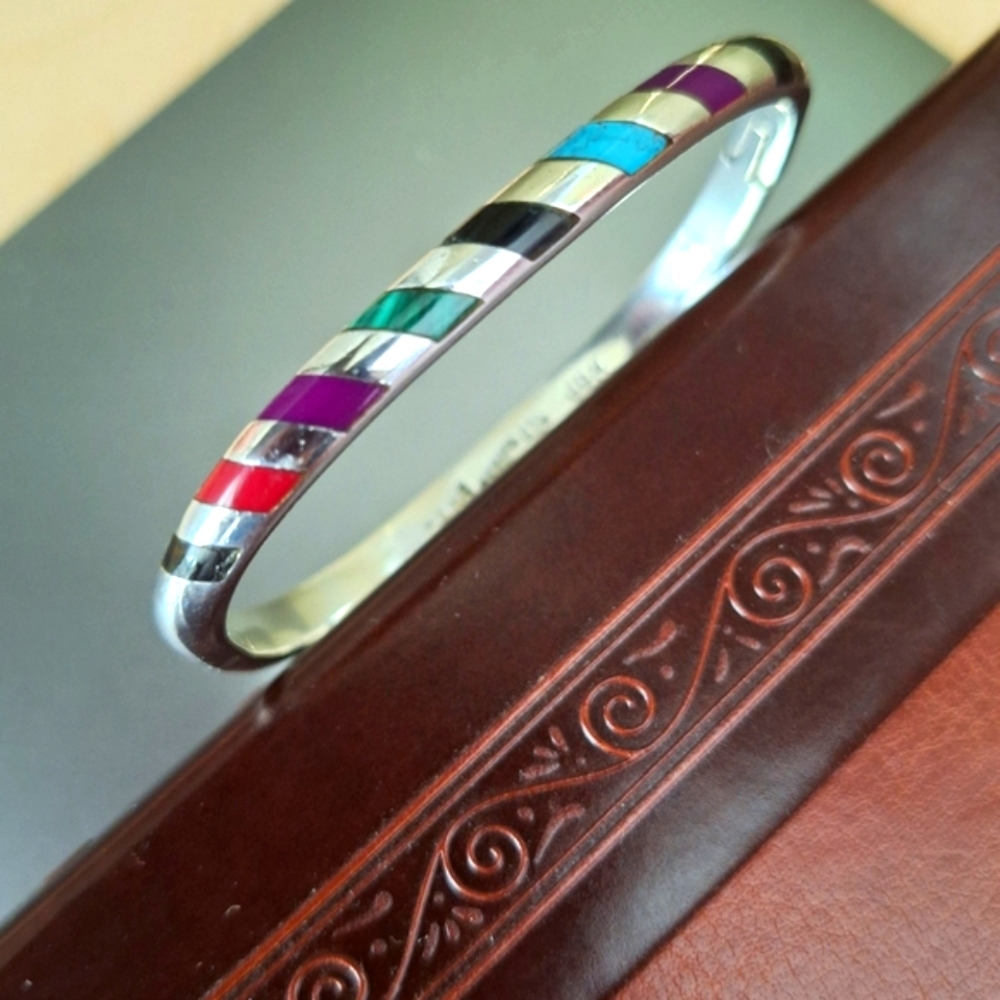 Silver (.925) Bangle Bracelet With Multiple Colored Stones